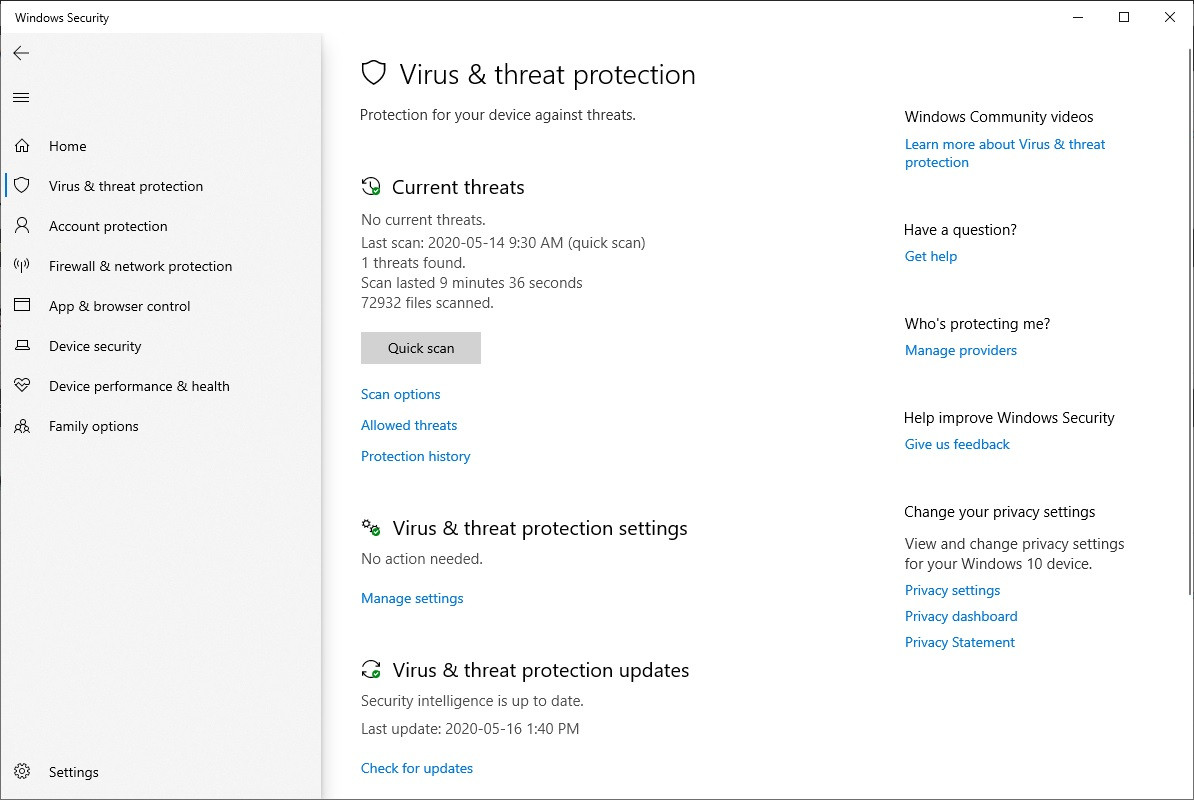 Virus & threat protection menu